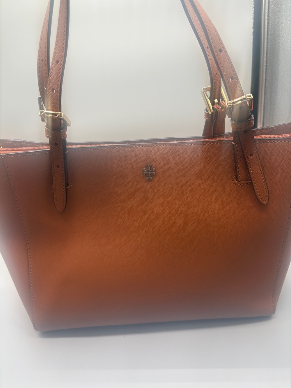 Tory Burch Cognac Saffiano Leather Tote Bag Large Shoulder Handbag Brown